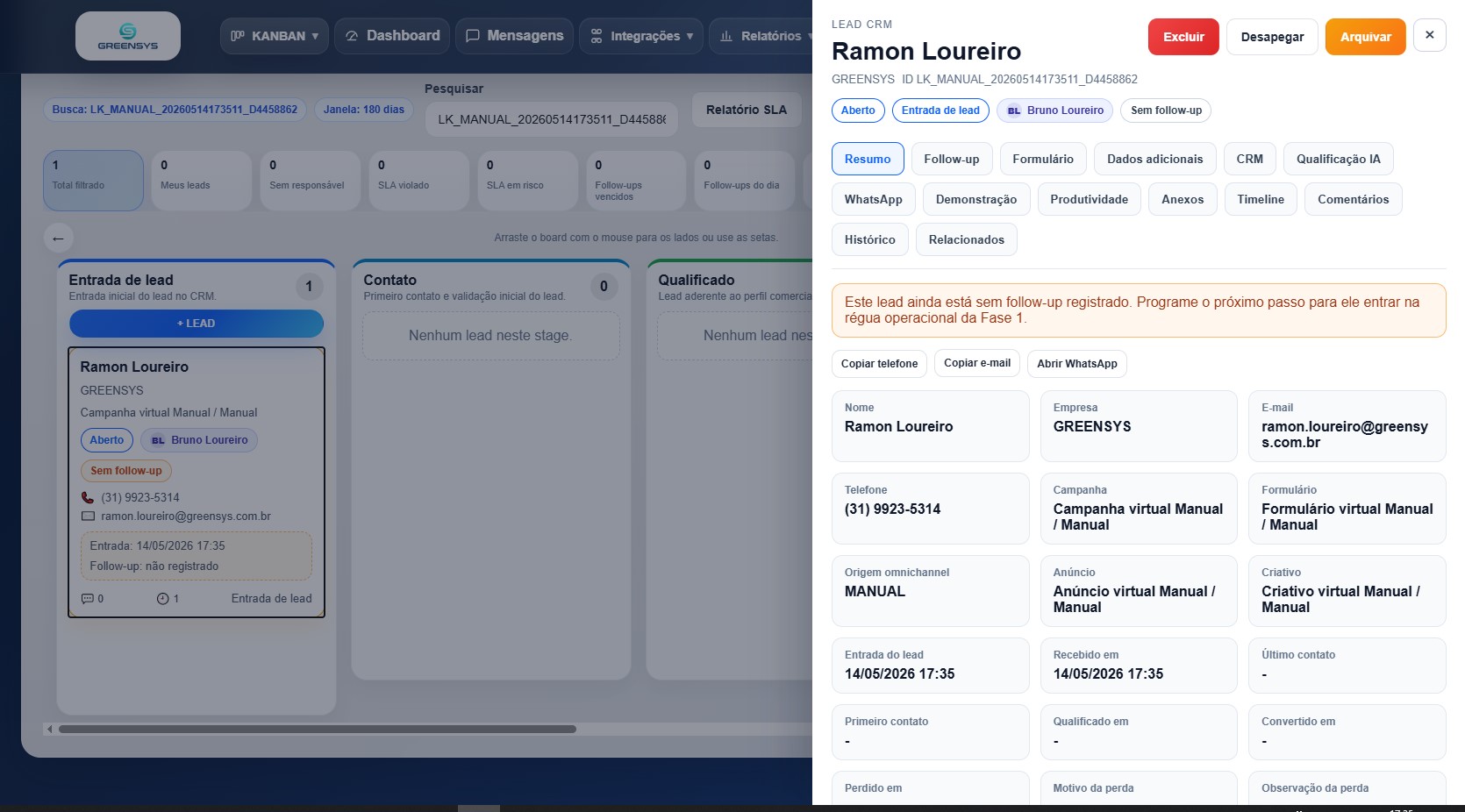 Tela do Kanban comercial do LeadKan CRM