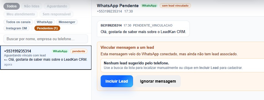 Histórico de mensagens vinculado ao lead no LeadKan CRM